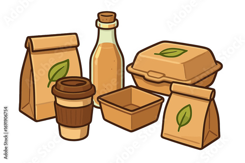 Eco friendly packaging for food and drink delivery. Sustainable takeaway containers, paper bag, coffee cup, and bottle. Biodegradable, recyclable craft material concept vector.