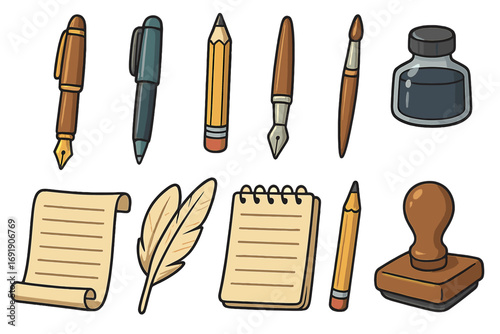Writing tools and literary artifacts collection with classic and modern pens, pencils, brushes, ink bottle, scroll, quill, notebook, rubber stamp for creative expression vector cartoon illustration