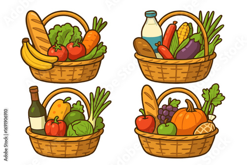 Grocery basket set with fresh food. Farmers market shopping concept. Vector cartoon illustration with vegetables, fruits, bread, and milk. Healthy organic eating. Isolated icons.