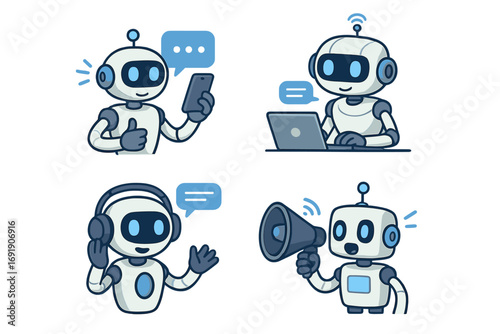 Robot character set for communication and technology. AI chatbot for customer service, support and marketing. Mascot talking on phone, laptop, with megaphone. Vector.