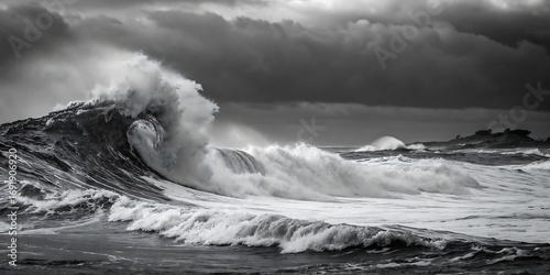 Fototapeta Naklejka Na Ścianę i Meble -  Monochromatic image of a powerful ocean wave breaking with immense force against a dark, stormy sky.