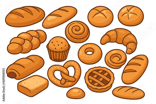 Vector cartoon set of fresh bakery products. Collection of bread, pastries, croissant, donut, pie, pretzel and muffin. Baked goods illustration for menu design, isolated.