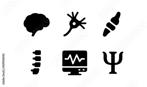 Neuroscience icons: brain, neuron, axon, spinal cord, eeg, psychology symbol in silhouette style