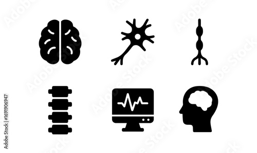 Black and white icons of brain neurology and neurons with spine diagrams