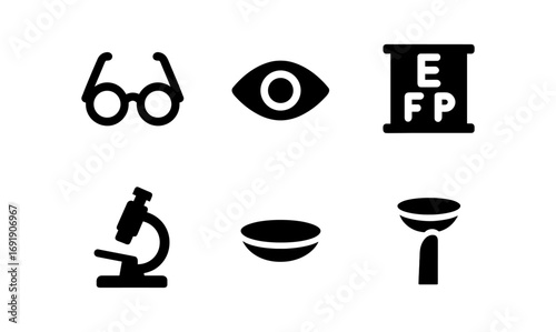Essential flat icons for vision and optometry: glasses, eye, testing, microscope, lens, drops