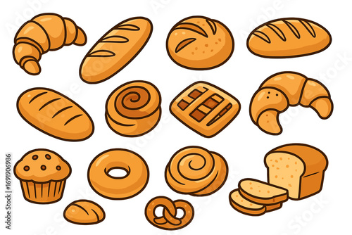 Set of fresh baked goods vector cartoon icons. Bakery food collection with bread, pastry, croissant, baguette, bun, muffin, donut, pretzel. Breakfast pastry illustration.
