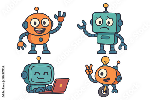 Set of cute cartoon robot characters. Collection of friendly bots and androids showing emotions. Mascot for technology, AI, future concepts. Vector illustration isolated.