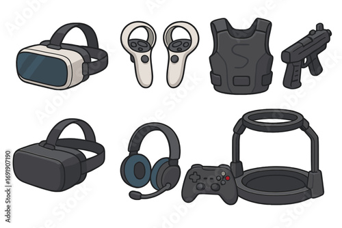 Virtual reality gaming gear set. VR headset, controller, haptic vest, gun, treadmill for immersive metaverse simulation. Gamer technology accessories vector illustration.