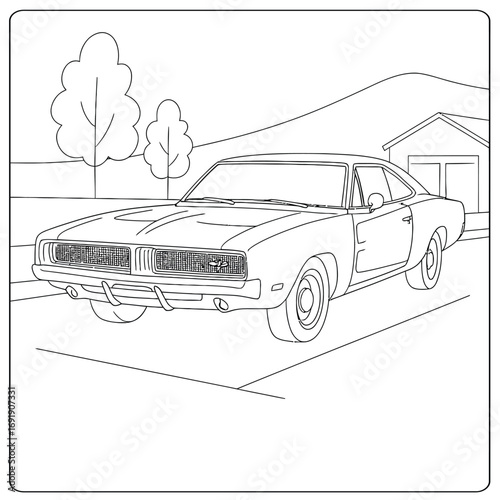 A detailed line drawing of a classic car parked in front of a house and trees