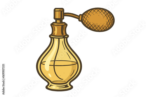 Vintage perfume bottle with atomizer. Retro cartoon illustration showcasing elegance and luxury. Classic antique spray for fragrance, scent, beauty, and cosmetic products.