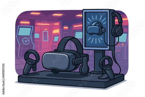 Virtual reality gaming station with headset, controllers and headphones in a modern arcade. VR equipment for entertainment in a futuristic game room with neon lights. Vector.