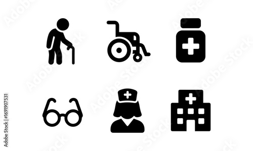 Healthcare and elderly care icons set: medicine, nursing, accessibility