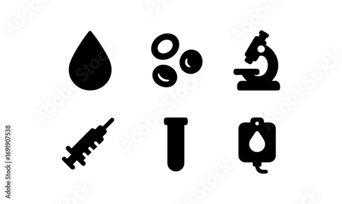 Medical icons set: blood, cells, microscope, syringe, test tube, transfusion