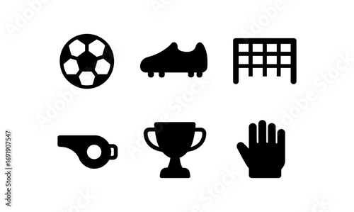 Silhouette icons of soccer equipment and symbols for minimalist sports design