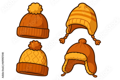 Set of warm and cozy winter hats in autumn colors. Vector cartoon illustration of beanies, trapper hats, and ushankas for chilly weather and outdoor activities. Isolated collection.