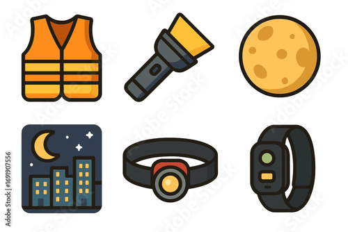 Vector icon set for night safety. Flat cartoon illustrations for jogging, work, or outdoor activities. Features reflective vest, flashlight, headlamp, smart watch, and moon.