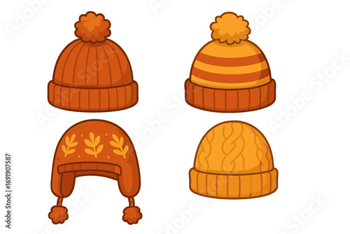 Set of warm cozy knitted winter hats. Autumn color beanies with pompom and earflaps for chilly weather. Outdoor activity headwear. Vector cartoon accessory collection.