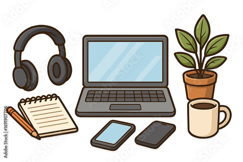 Working from home concept. Home office, remote work objects set. Freelancer workspace with laptop computer, headphones, smartphone, notepad, plant and coffee cup vector illustration.
