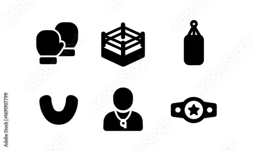 Icon set of boxing elements including gloves, ring, punching bag, mouth guard, trainer, and championship belt