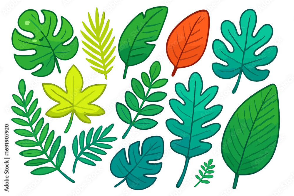 Fototapeta premium Set of colorful tropical leaves. Jungle plant and exotic foliage collection. Vector cartoon illustration of monstera, palm and fern leaves. Botanical design elements isolated.