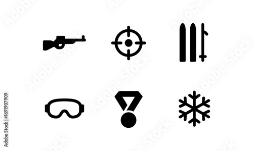 Winter sports icon set featuring silhouette symbols for skiing and biathlon