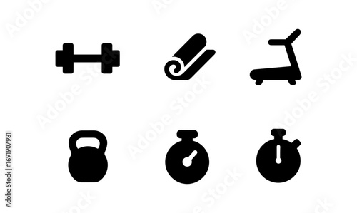 Minimalist fitness icon set featuring gym equipment and stopwatch