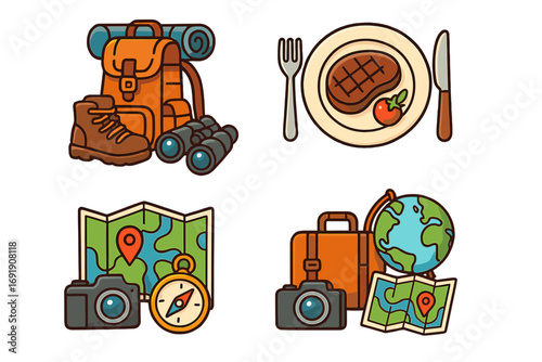 Travel icon set for adventure and vacation. Outdoor hiking, food, world exploration, and navigation concepts. Cartoon vector illustration for tourism, journey, and trip planning.