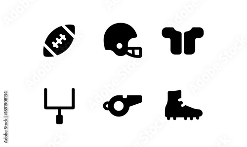 Minimalist american football icons set: ball, helmet, jersey, goalpost, whistle, boot in silhouette design