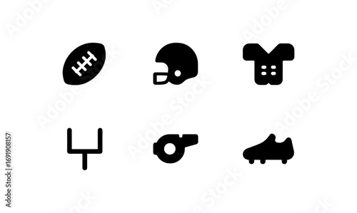 Minimalist american football icons: helmet, whistle, goalpost, ball, cleat, shoulder pads