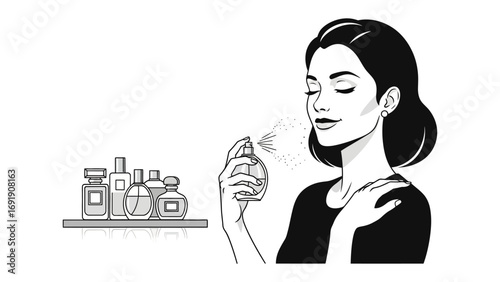 Elegant woman with eyes closed applying perfume from a spray bottle surrounded by various beauty products on a shelf vintage illustration style