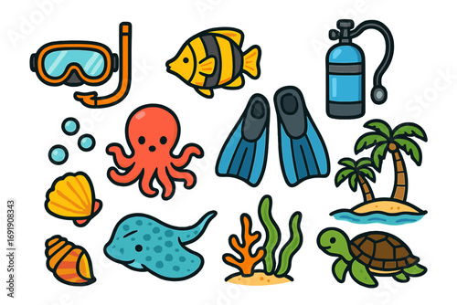 A set of cute cartoon icons for scuba diving and snorkeling. Vector collection of sea animals and underwater elements. Tropical beach vacation, ocean exploration symbols.