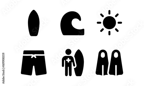 Summer beach icons: surfboard, wave, sun, swimwear, surfer, swimsuits