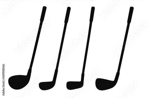 Golf club silhouette set vector illustration. Sport equipment icon collection for design. Golf driver, wood, iron, and wedge graphic elements isolated on white background.