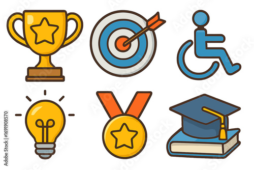 Achievement success education accessibility icons. Goal target winner award. Idea innovation solution. Graduation knowledge study. Disability inclusion pictogram set vector.