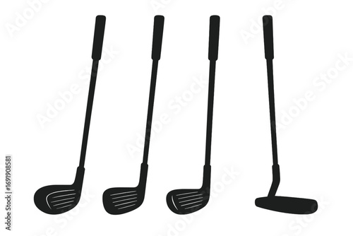 Golf club silhouette set for sports design. Vector collection of various clubs including putter, driver, wood, and iron. Black sport equipment icons on white background.