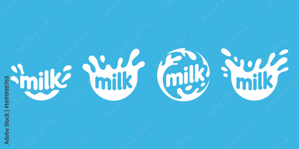 Fototapeta premium Collection of Fresh Milk Splash Logos on a Bright Blue Background Dairy Drink Branding Concept