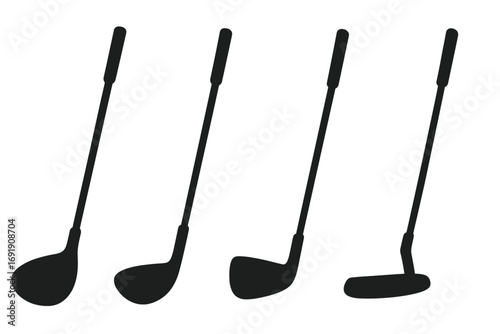 Golf club silhouette set for sports design. Vector illustration collection of golf equipment icons. Driver, wood, iron, and putter isolated on white background.