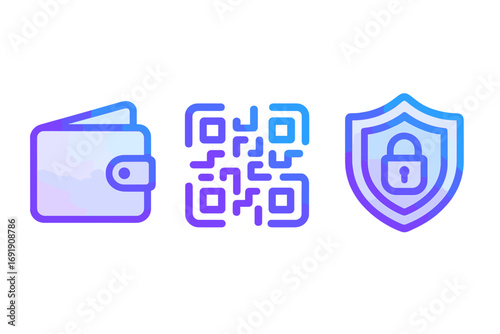Digital transaction icon set with wallet, QR code scan, and security shield. Vector icons for cashless payment, online shopping, and mobile banking. Fintech concept design.