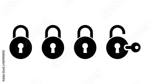Black Padlock Icons Representing Security Privacy and Unlocking with a Key on White Background