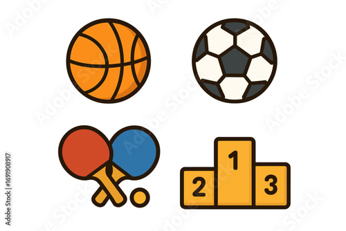 Sports icon set vector collection. Basketball, soccer football, table tennis paddle. Winner podium for athletic competition, championship award. Cartoon flat graphic design element.