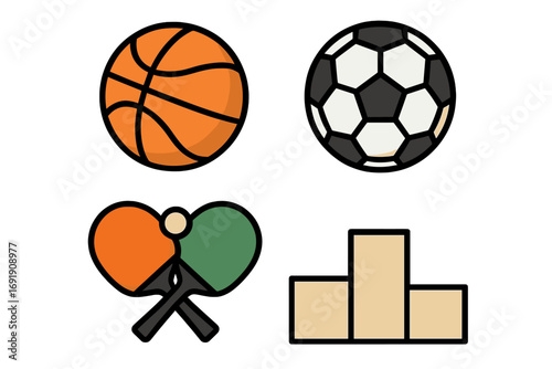 Sport icons set for competition. Vector collection including basketball, soccer or football, and table tennis or ping pong paddles. Winner's podium symbol for championship.