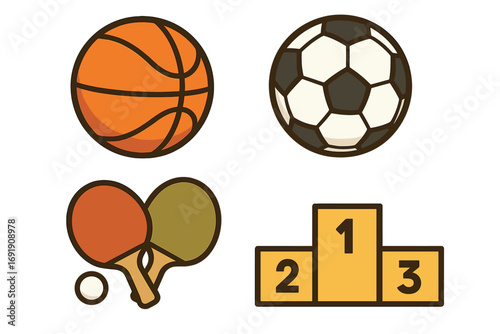 Collection of sport icons. Basketball, soccer ball, table tennis paddles, and winner podium. Vector elements for athletic competition, championship. Flat cartoon illustration set.