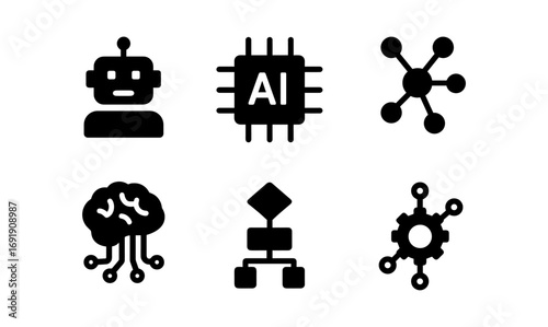 Futuristic icons of artificial intelligence and robotics in black silhouette style