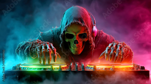 Skull DJ Mixing Electronic Beats in Vibrant Neon Fog with Headphones