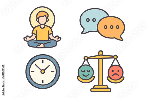Mental health icon set. Wellness, meditation, communication, and time management concepts. Emotional balance scale, mood swing metaphor. Vector cartoon psychology illustration.