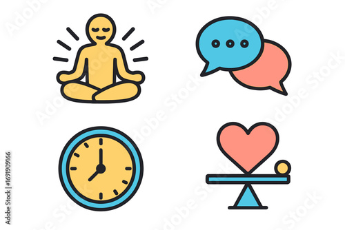 Wellness and mindfulness icon set. Vector icons for meditation, communication, time management, and emotional balance. Mental health, yoga, therapy, and work-life balance concept.