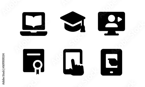 Online learning icons: education, training, and certification symbols