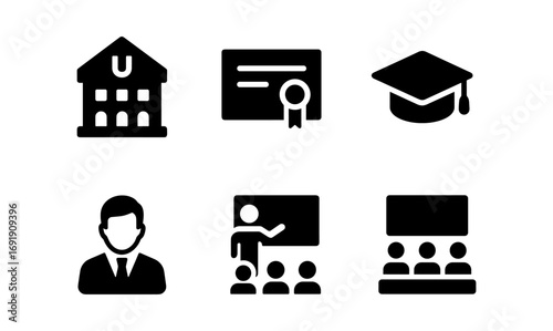 Educational icons: university, diploma, graduation cap, teacher, students, classroom