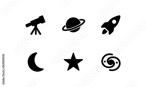 Minimal space icons set featuring telescope, planet, and rocket