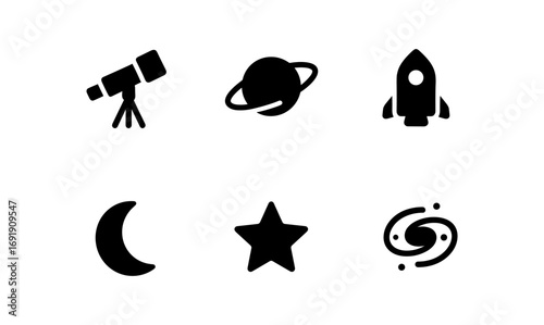 Minimalist space icons: telescope, rocket, moon, star, galaxy